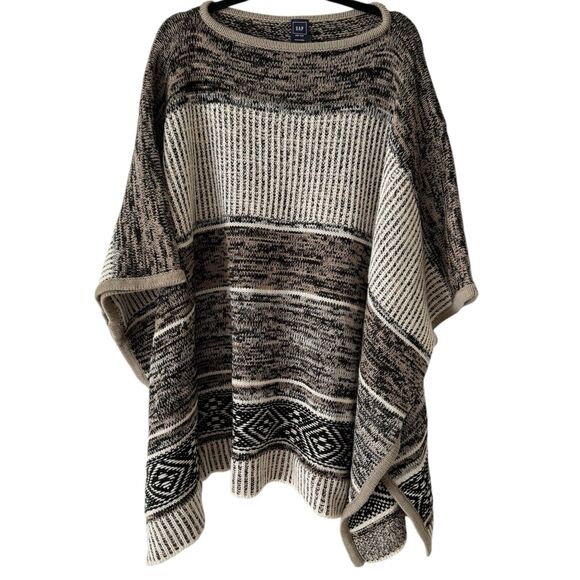 GAP Sweaters - NWT Gap Tribal Stripe Print Wool Blend Pullover Sweater Poncho Cream Brown OS